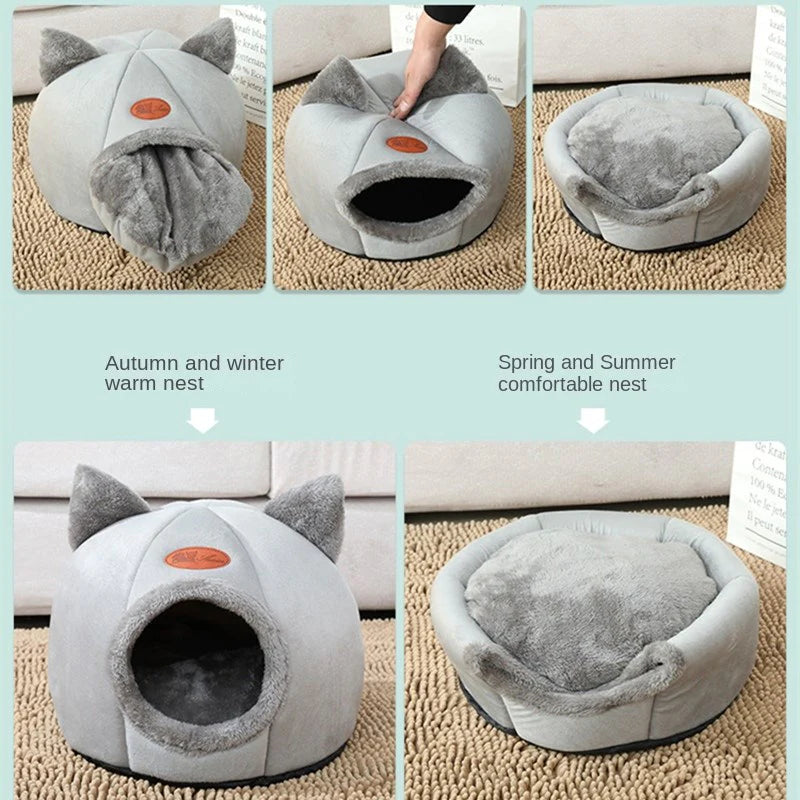 Cozy 2-in-1 Pet House Bed – Soft Detachable Nest with Ears